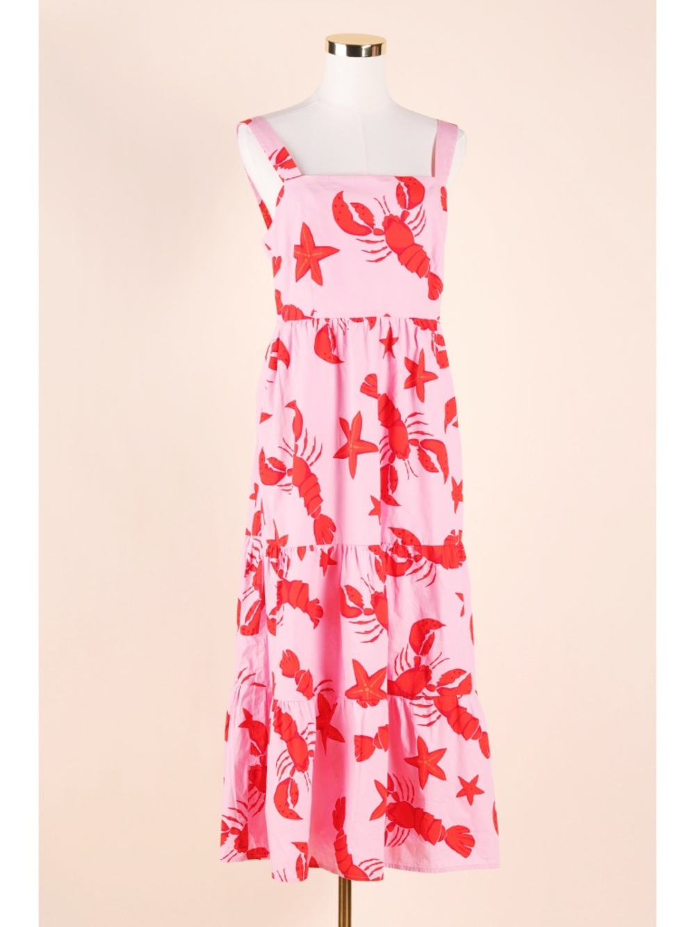 Sz 8 J. Crew Cotton Lobster Print Sleeveless Square Neck Tiered Maxi Dress EUC